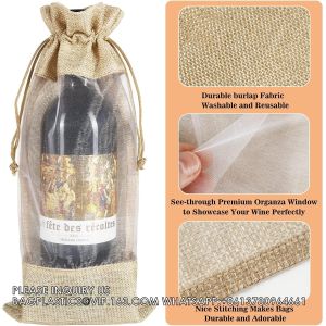 Burlap Wine Bags With Sheer Window, Hessian Cloth Bottle Gift Bags With