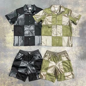 Custom Summer Jogging Suits Two Piece Splice Leather Short Jacket Set High