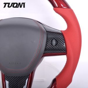 Red Carbon Fiber Rounded Top Flat Bottom Steering Wheel Tesla Model 3 Y
