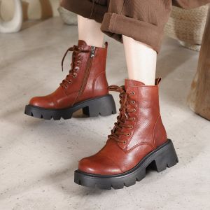 HZM038 Leather Women'S Boots Mid-Tube Boots Winter New Style Plus Velvet Warm