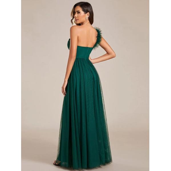 Exquisite One-shoulder Sweetheart Ruffled A-line Zipper Pleated High Slit Dark Green Tulle Party Dress