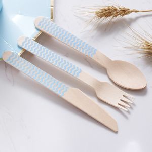 Eco Friendly Blue Stripe Compostable Cutlery Wooden Tableware Party Utensils