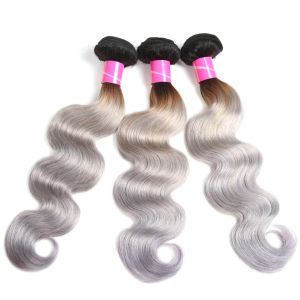 Body Wave Thick Ombre Human Hair Extensions 40 Inch Grey For Women