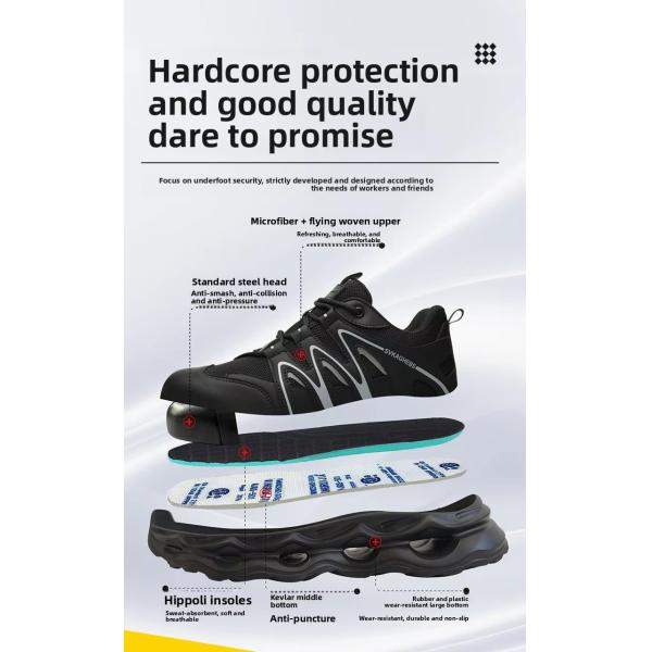 Breathable Microfiber Leather Mesh Safety Shoes With Kevlar Anti-stab Steel Toe And EVA Sole In Black