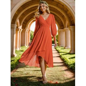 Elegant Empire Long Sleeve V-neck High Low A-line Ruffled Midi Dark Purple