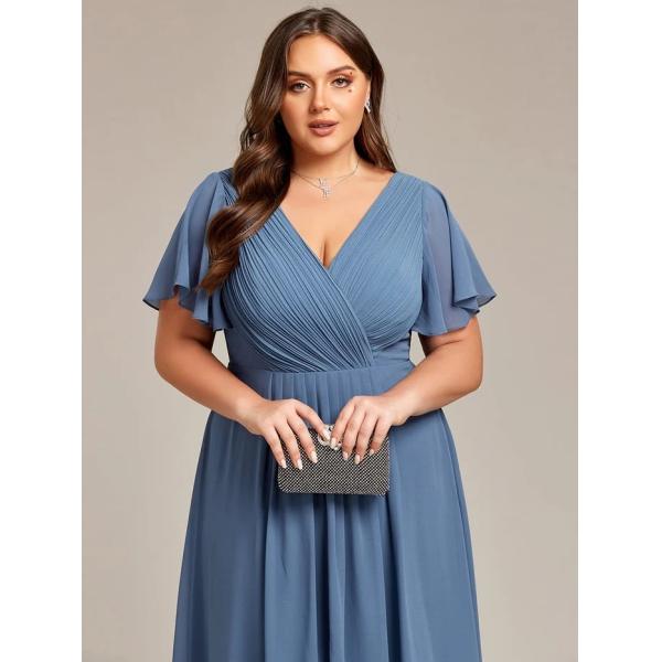Chic V-neck High-low Short Flutter Sleeves A-line Ruffles Midi Invisible Zipper Dusty Navy Chiffon Wedding Evening Dress