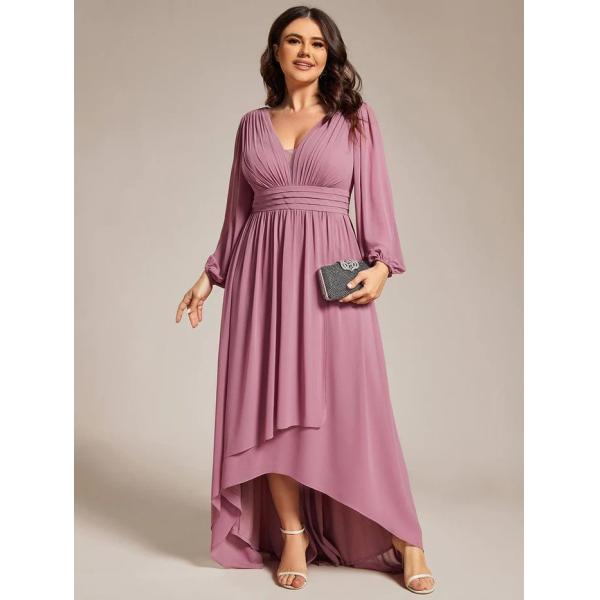 Plus Size Enchanting Lotus Leaf Lantern Sleeve Pleated Empire High Waist A-line Purple Orchid Chiffon Homecoming Dress
