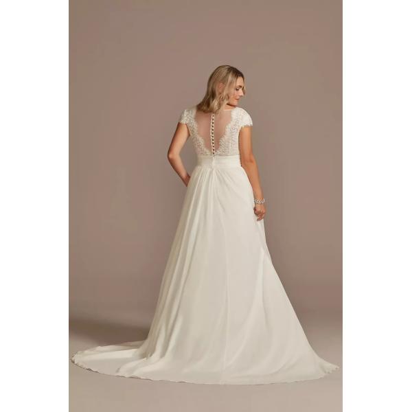 Sexy Eyelash Lace Illusion Back Sweep Train Plus Size A-line Zipper Ruffle Cap Sleeve V-neck White Chiffon Wedding Dress