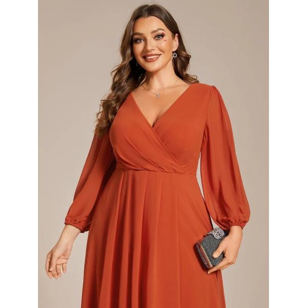 Plus Size Ruffled A-line Long Sleeve V-neck High Low Wedding Guest Burnt Orange Chiffon Homecoming Dress