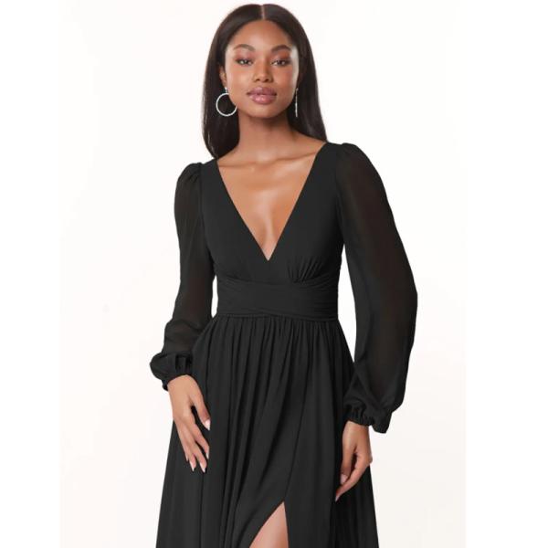 Charming OEM Chiffon Long Bridesmaid Dress A-Line V-Neck Long Sleeves Front Split Slit Backless Ruffles