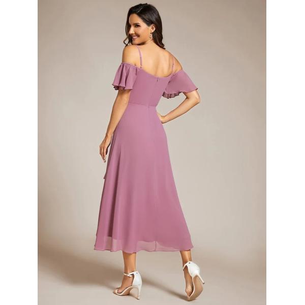 Empire Off-shoulder Spaghetti Strap Zipper High-low Wedding Guest Short Sleeves Purple Orchid Chiffon Homecoming Dress