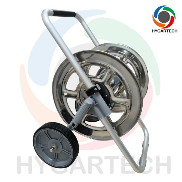 Typically Silver Or Black Metal Hose Reel Cart Including Hose Guide Perfect for