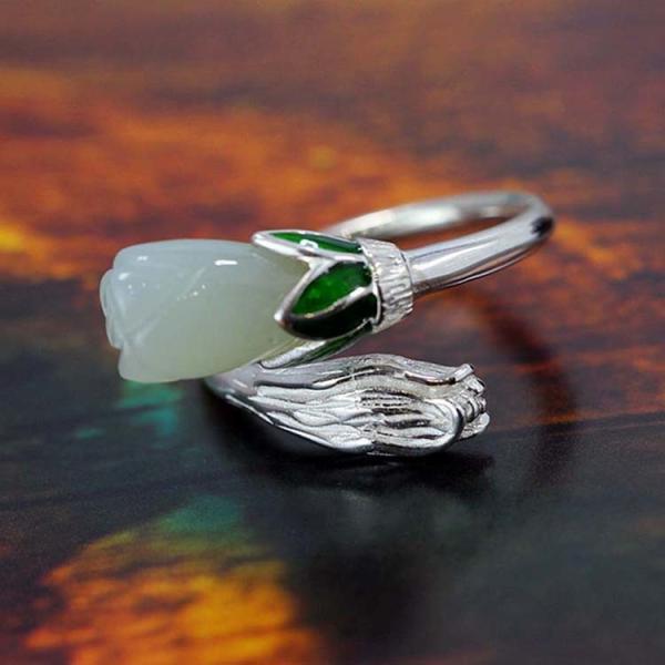 Adjustable Retro Enamel 925 Sterling Silver Natural Hetian Jade Ring (R1706191)