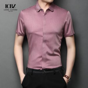 Printed Summer Short-Sleeved Shirt for Men Slim-Fit Ice Silk Cotton Casual Shirt