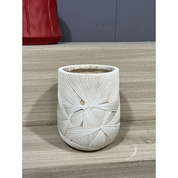 Radial Geometric Pattern Neutral White Round Fiber Clay Plant Pot