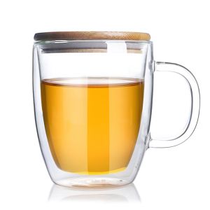 China High Borosilicate Double Wall Glass Tumbler , Transparent Tea Cup With Bamboo Lid on sale