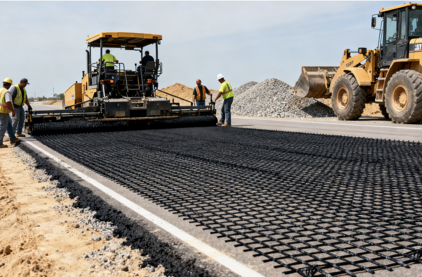 Width 5.2M Flexibility 60-60 KN/M Two Way Reinforce Polyester Geogrid For  RoadBed Soft Soil Layer
