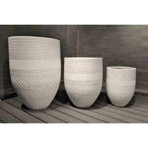 China Hotselling White Textured Bands Round Fiber Clay Planter Deluxe Decoration Project on sale