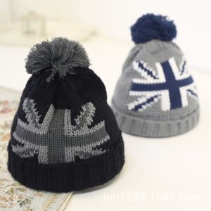 Hand Printing Lined Pom Pom Hat , Crochet Pattern Knitted Pom Pom Beanie Hat