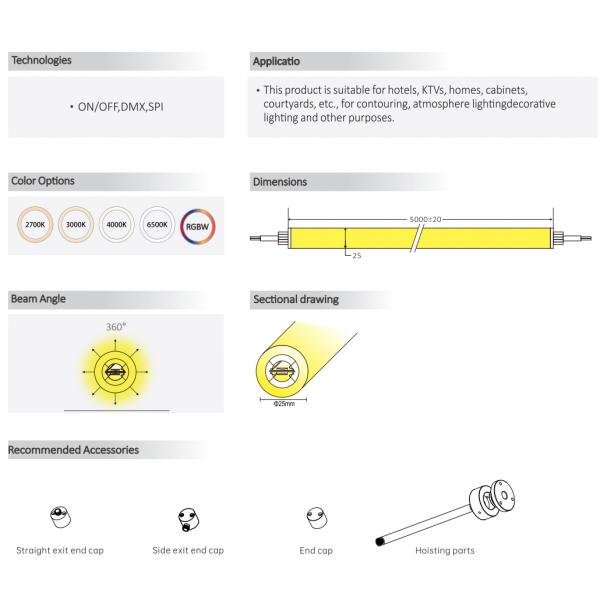 D25 360° IP67 LED Neon Flex Tube DMX SPI 2700K 3000K 4000K 6500K RGBW
