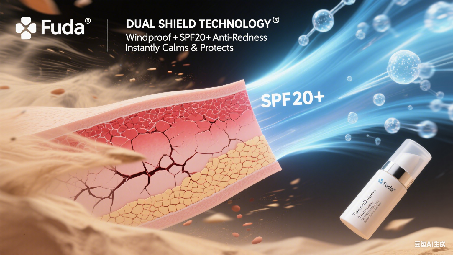 Wind-drying protection lotion SPF20+, windproof and anti-redness tested.