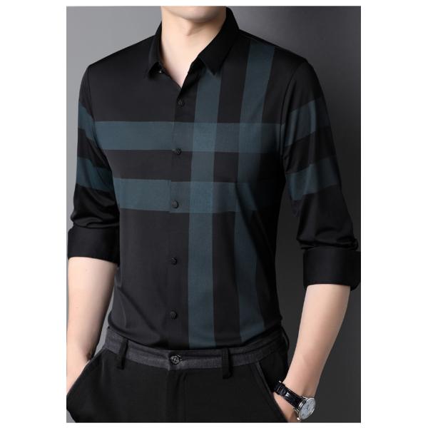 Striped Polyester/Cotton Casual Black Shirt for Men Slim Fit Long Sleeve Shirts
