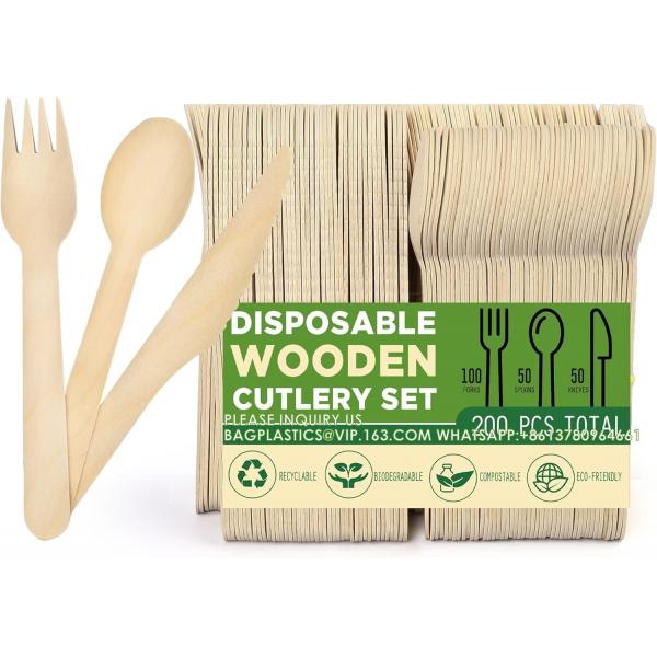 Disposable Wooden Cutlery Set, Pack Of 200 (100 Forks, 50 Spoons, 50 Knives)