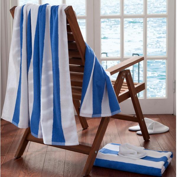 Buy 100 % Cotton White Towel With Blue Stripe Versatile For Bath And Beach at wholesale prices