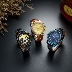 Mineral Lens 30m Waterproof Leather Men Watch Quartz Analog