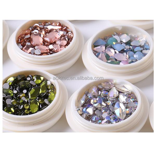 Aokitec drop shipping bulk box packing size shaped mixed neon 3d glass ab crystal flatback nail rhinestones