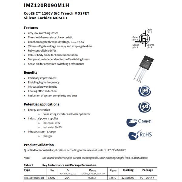 IMZ120R090M1H INFINEON N Channel Mosfet Diode 1200 V 26A Tc 115W Tc Hrough Hole PG-TO247-4-1