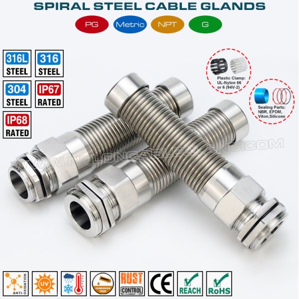 Stainless Steel Metal Cable Glands with Spiral Strain Relief, Inox 304, 316 or 316L, IP68 Rating, M12~M50 Thread