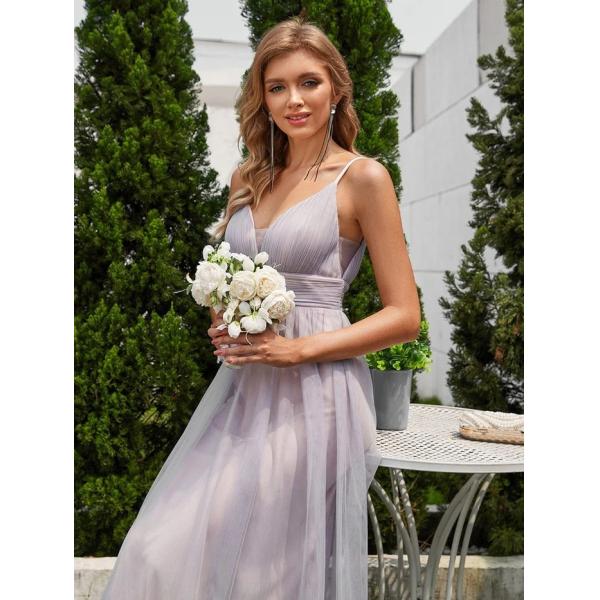 Ruffle Spaghetti Strap Empire Pleated Sleeveless A-line Backless Grey Bridesmaid Dress