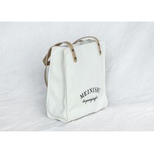 PU Handle Eco Canvas Shopping Tote With Inside Pockets / Zipper Closure