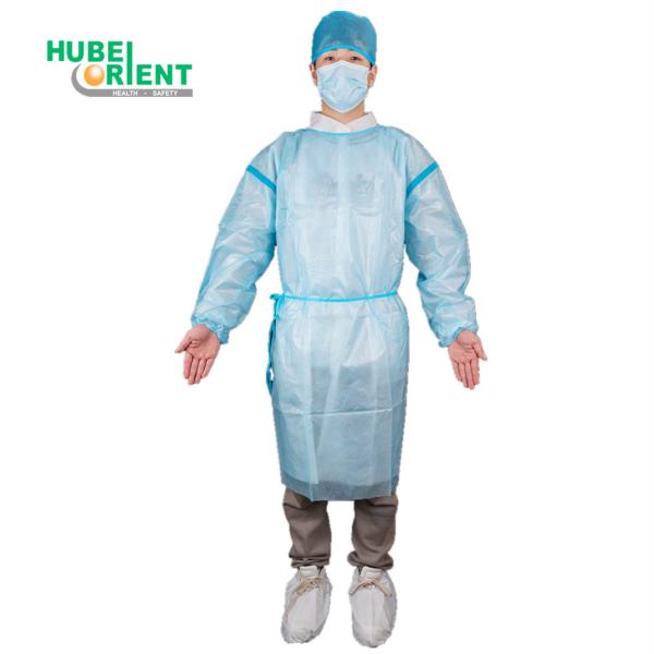 Buy Blue/White Waterproof Disposable PP PE Medical Isolation Gown With Blue Tape at wholesale prices