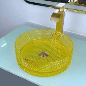 Yellow Crystal Glass Wash Basin Cylindrical Shape Countertop Vessel Sink