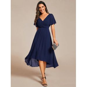 Chic V-neck High-low Short Flutter Sleeves A-line Ruffles Midi Invisible Zipper