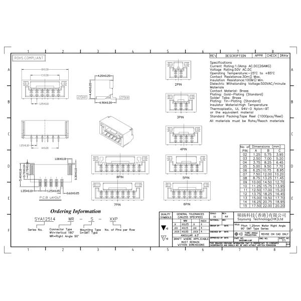 1.0amp 1.25mm Wafer Wire To Board Connector Nylon-9T 2 Pin-15Pin JST GH SMXXB-GHS