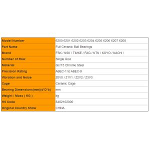 ZrO2 Full Ceramic 6200 Deep Groove Ball Bearings Z1V1 / Z2V2 / Z3V3