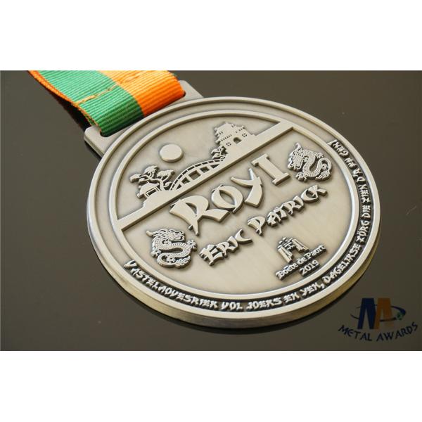 Personalized Dragon Engraved Medals Antique Silver Plated With Woven Ribbon Medailles