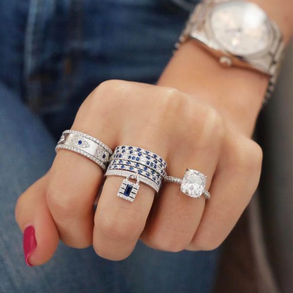 Blue Sapphire White CZ Eye Women Eternity Band Brass Eternity Ring For Women