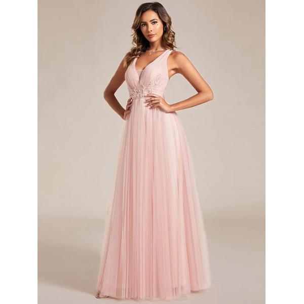 Charming Empire Beaded Sleeveless V-neck Ruffled Spaghetti Strap A-line Pink Tulle Evening Dress