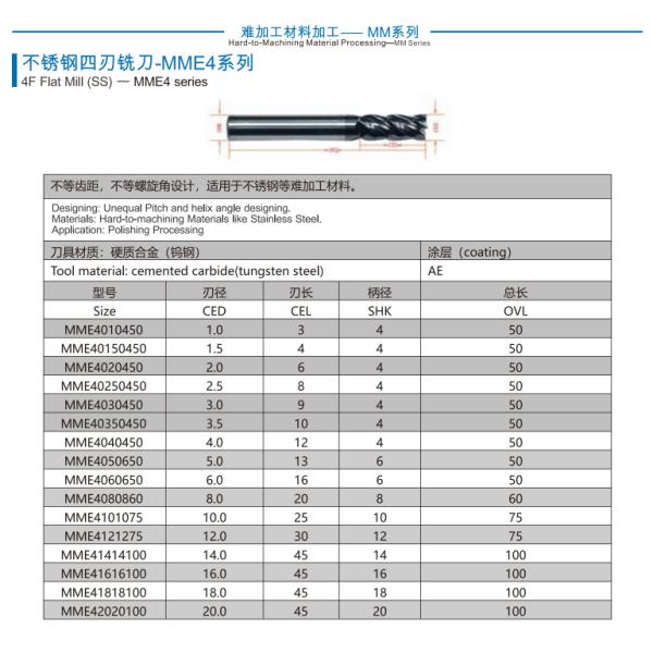 ZrN Coating MME4 Stainless Steel Milling Cutter 8mm φ8.0x20x8Dx60mm for and Accurate Machining