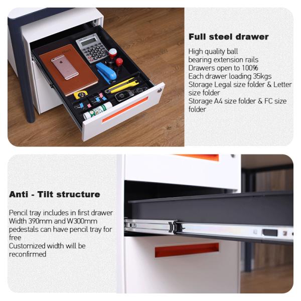 Customized Office 2 Drawer Under Desk File Cabinet Side Handle With Seat Pad