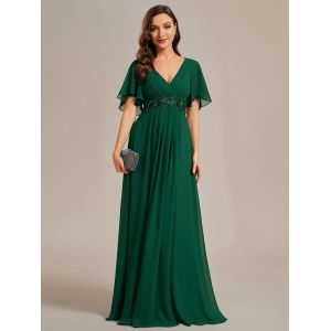 Quality Sexy Empire Applique A-line Short Flutter Sleeves V-neck Invisible Zipper Dark Green Chiffon Evening Dress for sale