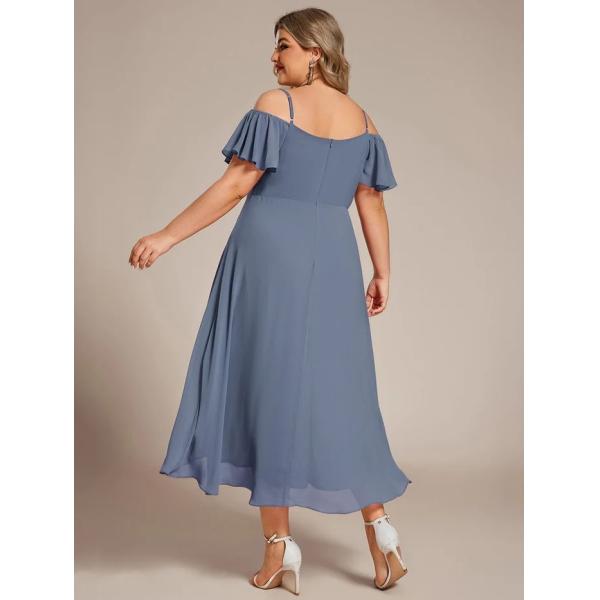 Empire Off-shoulder Spaghetti Strap Zipper High-low Wedding Guest Dresses Short Sleeves Dusty Navy Chiffon Evening Dress