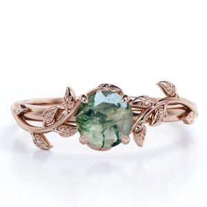 Nature Inspired Natural Green Moss Agate Solitaire Engagement Ring Forest Ring
