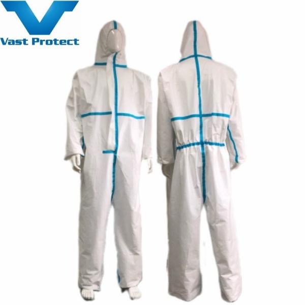 Customized White Disposable Micro Film Coverall Blue Tape Request with