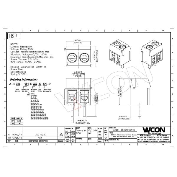 Blue PBT Straight H=8.4 5p Euro Terminal Block With Protection 3.81mm SN Plated ROHS