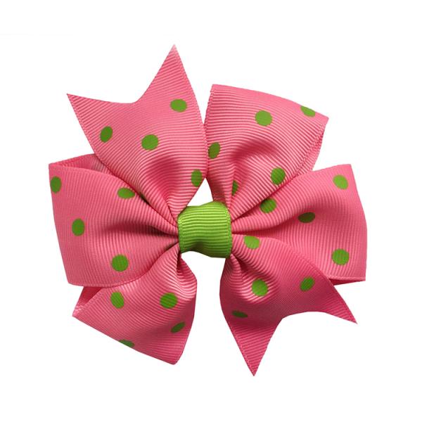Girls Hair Bow Ribbon Dot Printing Green / Pink Color Customized Size